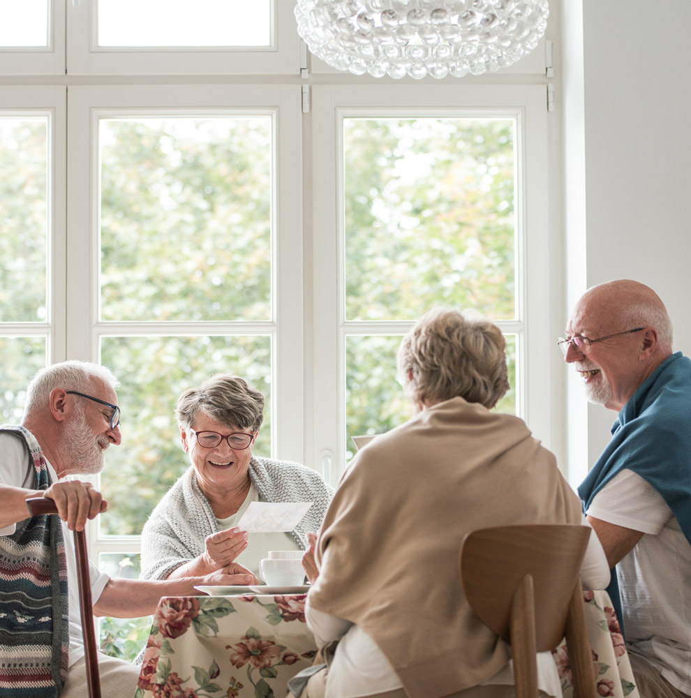 A group of seniors sitting at a table together and chatting